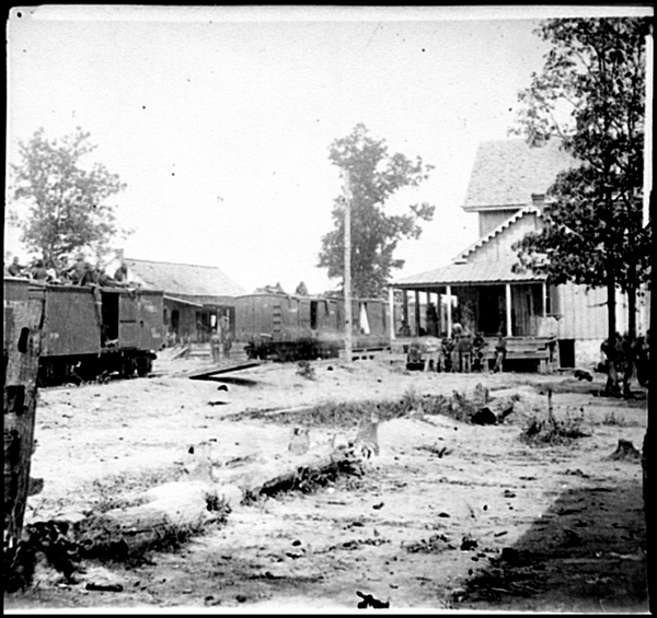 Catlett's Station, Va. The station with U.S. military railroad boxcars and soldiers