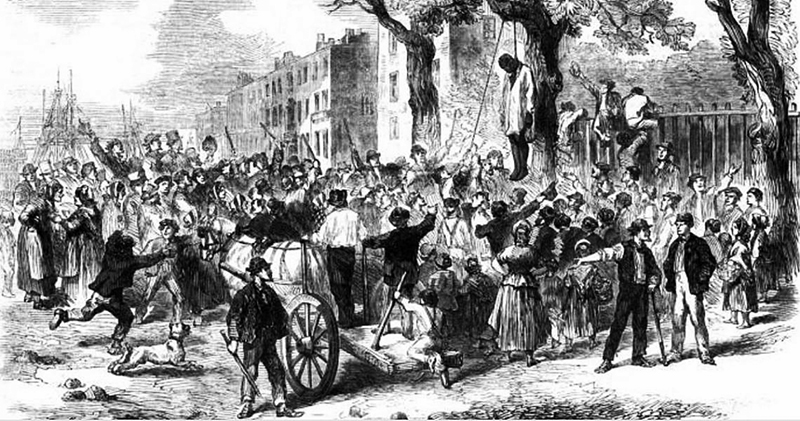 Fueled Democratic rhetoric that the war would free slaves to take jobs of Irish immigrants, rioters targeted blacks, Protestants, and pro-Union businesses (Illustrated London News)