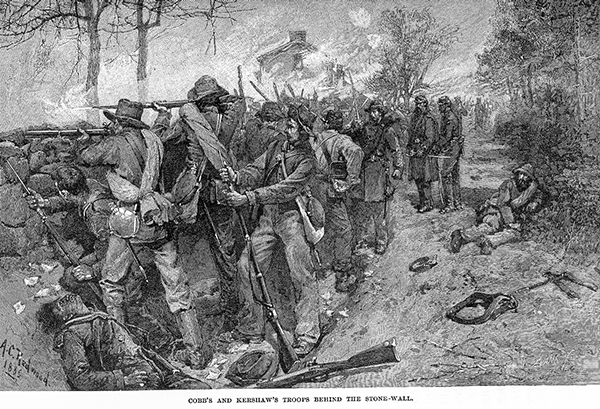 Atop Marye's Heights. Jackson's troops fire down on the approaching Federals from behind a stone wall.